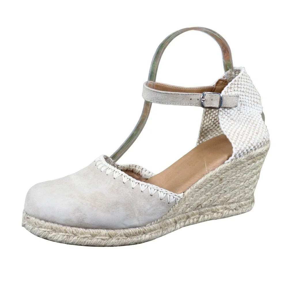 Paseart Women Espadrille Wedge Sandals Size 41 Summer Vacation Beige Suede